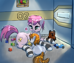 Size: 2000x1694 | Tagged: safe, artist:mistleinn, oc, oc only, oc:littlepip, oc:littlepip's mother, pony, unicorn, fallout equestria, blank flank, clothes, cutie mark, duo, eyes closed, fanfic, fanfic art, female, filly, filly littlepip, green eyes, heart, hooves, horn, mare, mother, mother and daughter, socks, stable-tec, striped socks, toy, toy car, winnie the pooh, young