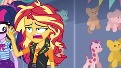 Size: 1920x1080 | Tagged: safe, screencap, sci-twi, sunset shimmer, twilight sparkle, equestria girls, equestria girls series, g4, rollercoaster of friendship, clothes, duo, female, geode of empathy, geode of telekinesis, glasses, jacket, plushie