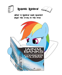 Size: 1200x1448 | Tagged: safe, artist:shepherd moons, rainbow dash, g4, book, book cover meme, consider phlebas, culture, exploitable meme, meme, reading, reading rainboom, the culture