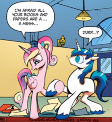 Size: 661x723 | Tagged: safe, artist:andypriceart, edit, editor:symphonic sync, princess cadance, shining armor, idw, neigh anything, spoiler:comic11, female, gibberish, holding hooves, hoof hold, male, shiningcadance, shipping, speech bubble, straight, teen princess cadance