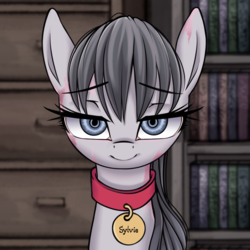 Size: 1384x1385 | Tagged: safe, artist:coinpo, earth pony, pony, bangs, book, bookshelf, bust, collar, dresser, female, filly, life with a slave: teaching feeling (video game), looking at you, ponified, scar, smiling, solo, sylvie