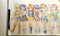 Size: 1280x763 | Tagged: safe, artist:thecaptainacobskicorncob, angel bunny, applejack, fluttershy, pinkie pie, rainbow dash, rarity, sci-twi, sunset shimmer, twilight sparkle, equestria girls, g4, clothes, converse, crystal prep academy uniform, cute, female, human coloration, humane five, humane seven, humane six, lesbian, school uniform, ship:flutterdash, ship:rarijack, ship:sci-twishimmer, ship:sunsetsparkle, shipping, shoes, shoulderless, sneakers, traditional art