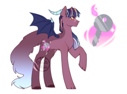 Size: 1270x935 | Tagged: safe, artist:chemicalhades, oc, oc only, hybrid, cutie mark, four eyes, gradient tail, horns, interspecies offspring, multiple eyes, offspring, parent:discord, parent:twilight sparkle, parents:discolight, raised hoof, simple background, solo, transparent background, watermark, wings