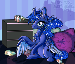 Size: 2000x1719 | Tagged: safe, artist:sweet-mayhem, princess luna, alicorn, pony, gamer luna, g4, alternate hairstyle, bedroom, controller, female, food, gaming, hoof hold, hooves, late, midnight, missing accessory, night, ponytail, sitting, solo, sparkles, stare, wings