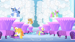 Size: 1280x720 | Tagged: safe, screencap, blues, merry may, noteworthy, parasol, warm front, pegasus, pony, g4, sonic rainboom (episode), background pony, clothes, cloud, female, flying, looking down, male, mare, self ponidox, stallion, uniform, weather factory, weather factory uniform