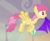 Size: 533x436 | Tagged: safe, screencap, dizzy twister, orange swirl, pegasus, pony, g4, my little pony: friendship is magic, scare master, background pony, cropped, female, flying, mare, mouth hold, smiling