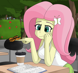 Size: 1100x1038 | Tagged: safe, artist:genericmlp, fluttershy, butterfly, equestria girls, g4, book, breasts, busty fluttershy, clothes, coffee, female, smiling, solo, tree