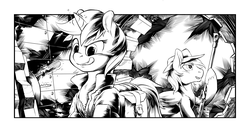 Size: 2550x1350 | Tagged: safe, artist:halley-valentine, oc, oc:calamity, oc:littlepip, pegasus, pony, unicorn, fallout equestria, fallout equestria illustrated, anti-machine rifle, anti-materiel rifle, bank, black and white, bobby pin, clothes, dashite, ear fluff, fanfic, fanfic art, female, fillydelphia, glowing horn, grayscale, gun, hat, hoof fluff, hooves, horn, jumpsuit, levitation, lockpicking, magic, male, mare, monochrome, open mouth, rifle, saddle bag, screwdriver, spitfire's thunder, stallion, teeth, telekinesis, tongue out, vault suit, weapon, wings