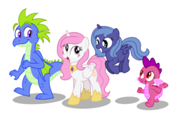 Size: 1280x863 | Tagged: safe, artist:aleximusprime, princess celestia, princess luna, oc, dragon, pony, unicorn, ask accord, fanfic:age of the alicorns: chaos rising, tumblr:ask accord, g4, age of the alicorns, canon x oc, cute, dragon oc, female, filly, kids, mare, penny the dragon, percy and penny, percy the dragon, pink-mane celestia, simple background, smiling, transparent background, walking, woona, young celestia, young luna, younger, youth