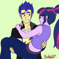 Size: 500x500 | Tagged: safe, artist:jeddy017-vz, flash sentry, sci-twi, twilight sparkle, human, equestria girls, g4, bridal carry, carrying, couple, duo, female, green background, male, ponytail, ship:flashlight, ship:sci-flash, shipping, simple background, straight