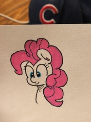 Size: 959x1280 | Tagged: safe, artist:badponyvectors, pinkie pie, earth pony, pony, g4, bust, chicago cubs, female, mare, partial color, simple background, sketch, smiling, solo, traditional art, white background