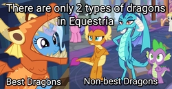 Size: 1198x624 | Tagged: safe, edit, edited screencap, screencap, princess ember, smolder, spike, trixie, dragon, pony, unicorn, g4, school daze, uncommon bond, adorable face, best dragon, board game, clothes, cropped, crossed arms, cute, diatrixes, dragon costume, dragon pit, dragoness, female, glowing horn, hand on hip, horn, insane troll logic, op is a silly pony, smiling, text