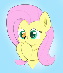 Size: 1280x1474 | Tagged: safe, artist:badponyvectors, fluttershy, butterfly, pegasus, pony, g4, bust, butterfly on nose, cute, female, insect on nose, mare, raised hoof, shyabetes, simple background, smiling, solo