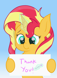 Size: 1280x1738 | Tagged: safe, artist:badponyvectors, sunset shimmer, pony, unicorn, g4, :t, abstract background, female, holding, magic, mare, sign, smiling, solo, text