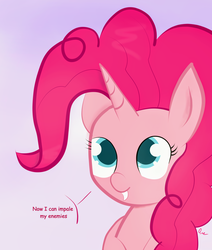 Size: 1280x1511 | Tagged: safe, artist:badponyvectors, pinkie pie, pony, unicorn, g4, female, looking up, mare, simple background, smiling, solo, text, unicorn pinkie pie