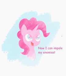 Size: 1280x1479 | Tagged: safe, artist:badponyvectors, pinkie pie, pony, unicorn, g4, abstract background, bust, female, horn, implied horn impalement, looking up, mare, open mouth, smiling, solo, text, unicorn pinkie pie