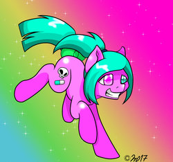 Size: 924x864 | Tagged: safe, artist:imaranx, oc, oc only, oc:poisonpills, pony, bow, colorful, glitter, gradient background, heterochromia, leaping, needs more saturation, ponytail, ribbon, shiny, solo, sparkles, sparkly, tail, tail bow