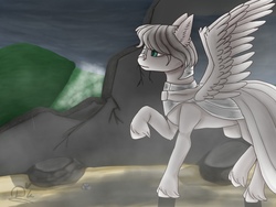 Size: 1024x768 | Tagged: safe, oc, oc only, oc:light knight, pegasus, pony, armor, male, raised hoof, signature, solo, spread wings, stallion, unshorn fetlocks, wings