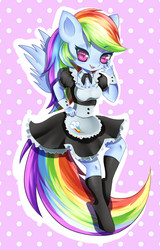 Size: 640x1000 | Tagged: safe, artist:pink-pinktooth, rainbow dash, pegasus, anthro, unguligrade anthro, g4, clothes, female, maid, rainbow maid, smiling, solo, stockings, thigh highs
