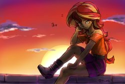 Size: 2039x1377 | Tagged: safe, artist:oberon826, sunset shimmer, equestria girls, equestria girls series, g4, belt, boots, brick wall, clothes, female, geode of empathy, high heel boots, legs, miniskirt, shoes, skirt, smiling, smirk, solo, sunset, sunshine shimmer
