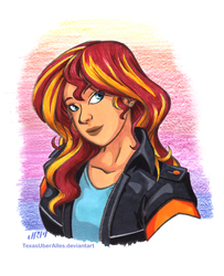 Size: 720x885 | Tagged: safe, artist:texasuberalles, sunset shimmer, human, equestria girls, g4, bust, clothes, female, humanized, jacket, marker drawing, portrait, solo, traditional art