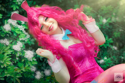 Size: 1024x683 | Tagged: safe, artist:erincp, pinkie pie, human, g4, bunny ears, bunny suit, clothes, cosplay, costume, cuffs (clothes), irl, irl human, photo, solo