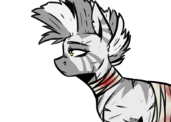 Size: 3500x2500 | Tagged: safe, artist:lrusu, oc, oc only, oc:xenith, pony, zebra, fallout equestria, bandage, blood, fanfic, fanfic art, female, high res, mare, profile, quadrupedal, scar, simple background, solo, white background