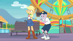 Size: 1920x1080 | Tagged: safe, screencap, applejack, stanley excelsior, equestria girls, equestria girls series, g4, rollercoaster of friendship, applejack's hat, belt, boots, clothes, cowboy boots, cowboy hat, cutie mark, cutie mark on clothes, denim skirt, geode of super strength, hands on head, hat, magical geodes, security guard, shoes, skirt