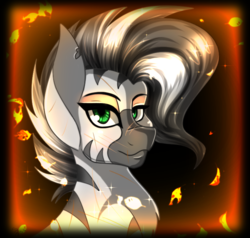Size: 700x666 | Tagged: safe, artist:derpsonhooves, part of a set, oc, oc only, oc:xenith, pony, zebra, fallout equestria, abstract background, bust, chest fluff, fanfic, fanfic art, female, mare, portrait, scar, solo