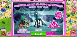 Size: 2960x1440 | Tagged: safe, gameloft, bon bon, queen chrysalis, sweetie drops, changeling, changeling queen, g4, advertisement, changeling armor, costs real money, crack is cheaper, female, gem, greedloft, introduction card