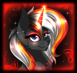 Size: 700x666 | Tagged: safe, artist:derpsonhooves, part of a set, oc, oc only, oc:velvet remedy, pony, unicorn, fallout equestria, abstract background, bust, chest fluff, fanfic, fanfic art, female, glowing horn, horn, mare, portrait, solo