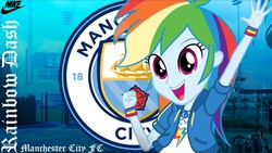Size: 1273x719 | Tagged: safe, rainbow dash, equestria girls, equestria girls series, g4, bracelet, etihad stadium, geode of super speed, jewelry, looking at you, magical geodes, manchester city, open mouth, wristband