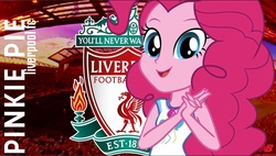Size: 1266x719 | Tagged: safe, pinkie pie, equestria girls, equestria girls series, g4, anfield, cute, diapinkes, liverpool, liverpool fc, looking at you, open mouth