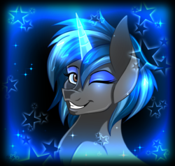 Size: 700x666 | Tagged: safe, artist:derpsonhooves, part of a set, oc, oc only, oc:homage, pony, unicorn, fallout equestria, abstract background, bust, chest fluff, fanfic, fanfic art, female, glowing horn, horn, mare, one eye closed, portrait, smiling, solo, teeth, wink