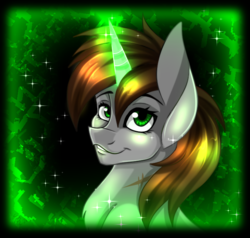 Size: 700x666 | Tagged: safe, artist:derpsonhooves, part of a set, oc, oc only, oc:littlepip, pony, unicorn, fallout equestria, abstract background, bust, chest fluff, fanfic, fanfic art, female, glowing horn, horn, mare, portrait, scar, solo, teeth