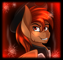 Size: 700x666 | Tagged: safe, artist:derpsonhooves, part of a set, oc, oc only, oc:calamity, pegasus, pony, fallout equestria, abstract background, bust, clothes, dashite, fanfic, fanfic art, hat, male, portrait, scar, smiling, solo, stallion, teeth, wings