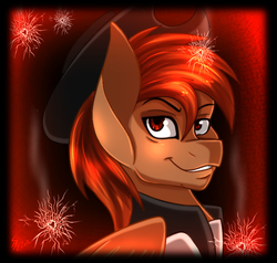Size: 700x666 | Tagged: safe, alternate version, artist:derpsonhooves, part of a set, oc, oc only, oc:calamity, pegasus, pony, fallout equestria, abstract background, bust, clothes, dashite, fanfic, fanfic art, hat, male, portrait, smiling, solo, stallion, teeth, wings
