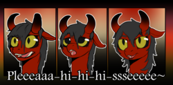 Size: 2030x1000 | Tagged: safe, artist:4th, derpibooru exclusive, oc, oc:red bet, demon pony, black sclera, dialogue, please, yellow eyes