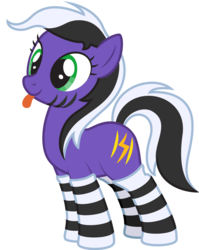 Size: 2204x2763 | Tagged: safe, artist:lightning stripe, derpibooru exclusive, oc, oc only, oc:lightning stripe, earth pony, pony, g4, :p, black and white mane, clothes, cross-eyed, female, green eyes, high res, mare, purple, show accurate, silly, simple background, socks, solo, striped socks, stripes, tongue out, transparent background
