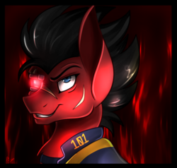 Size: 700x666 | Tagged: safe, artist:derpsonhooves, part of a set, oc, oc only, oc:red eye, cyborg, earth pony, pony, fallout equestria, abstract background, bust, clothes, cyber eyes, fanfic, fanfic art, jumpsuit, male, portrait, red and black oc, scar, smiling, solo, stallion, teeth, vault suit