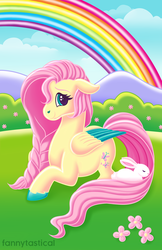 Size: 1650x2550 | Tagged: safe, artist:fannytastical, fluttershy, pegasus, pony, rabbit, g4, cloud, colored hooves, colored wings, colored wingtips, female, flower, lisa frank, rainbow, sky, smiling, solo