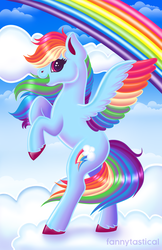 Size: 1650x2550 | Tagged: safe, artist:fannytastical, rainbow dash, pegasus, pony, cloud, colored wings, female, lisa frank, looking at you, multicolored wings, rainbow, rainbow wings, rearing, smiling, solo, spread wings, unshorn fetlocks, wings