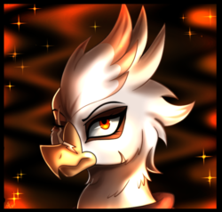 Size: 700x666 | Tagged: safe, artist:derpsonhooves, part of a set, oc, oc only, oc:gawdyna grimfeathers, griffon, fallout equestria, abstract background, bust, fanfic, fanfic art, female, portrait, scar, solo
