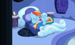 Size: 708x427 | Tagged: safe, artist:mlpvideos, rainbow dash, pony, g4, bed, chewing, cute, dashabetes, eating, female, mouth hold, rainbow dash's bedroom, rainbow dash's house, requested art, sleeping, solo, vector