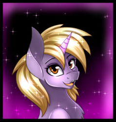 Size: 666x700 | Tagged: safe, artist:derpsonhooves, part of a set, oc, oc only, oc:silver bell, pony, unicorn, fallout equestria, abstract background, bust, chest fluff, fanfic, fanfic art, female, filly, foal, glowing horn, horn, open mouth, portrait, solo, teeth