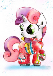 Size: 1600x2297 | Tagged: safe, artist:mashiromiku, sweetie belle, pony, unicorn, g4, clothes, commission, female, filly, kimono (clothing), solo, traditional art, watercolor painting