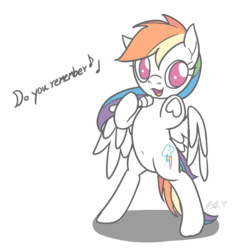 Size: 1412x1476 | Tagged: safe, artist:camo-pony, rainbow dash, pegasus, pony, g4, bipedal, dialogue, doodle, earth wind & fire, female, hoof hold, mare, microphone, no pupils, september, signature, simple background, solo, song reference, white background
