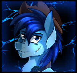 Size: 700x666 | Tagged: safe, artist:derpsonhooves, part of a set, oc, oc only, oc:p-21, earth pony, pony, fallout equestria, fallout equestria: project horizons, abstract background, bust, clothes, fanfic, fanfic art, hat, male, portrait, scar, solo, stallion