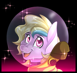 Size: 700x666 | Tagged: safe, artist:derpsonhooves, part of a set, oc, oc only, oc:puppysmiles, earth pony, pony, fallout equestria, fallout equestria: pink eyes, abstract background, bust, chest fluff, fanfic, fanfic art, female, filly, foal, hazmat suit, open mouth, portrait, scar, solo, teeth