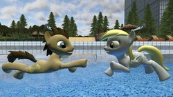 Size: 1366x768 | Tagged: safe, artist:doctormuffins, derpy hooves, doctor whooves, time turner, g4, 3d, female, male, ship:doctorderpy, shipping, straight, swimming